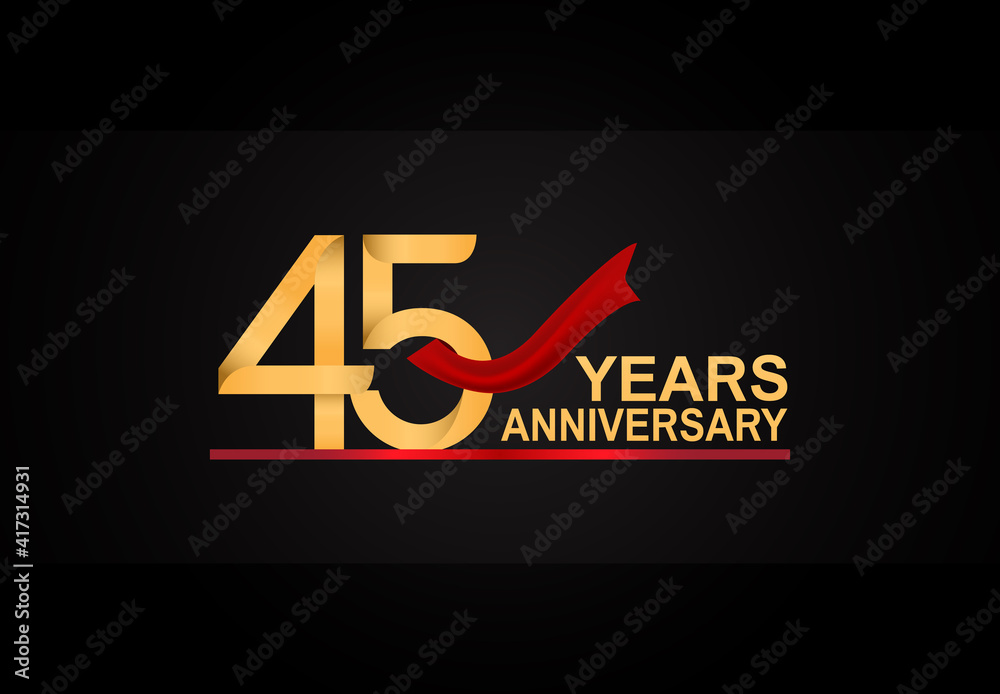 45 years anniversary design with red ribbon and golden color isolated on black background for celebration moment