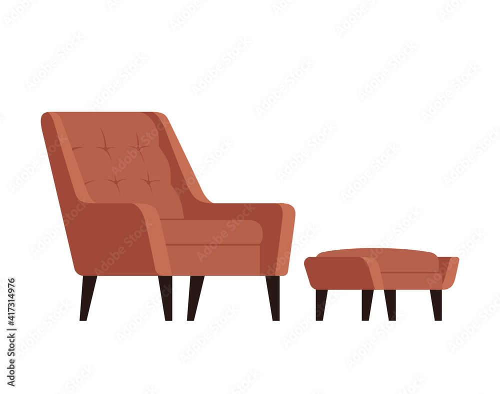 Stylish brown flat karton style comfortable armchair with footrest. Part of the interior of a living room or office. Isolated on white background Stylish brown flat karton style comfortable armchair with footrest. Part of the interior of a living room or office. Isolated on white background