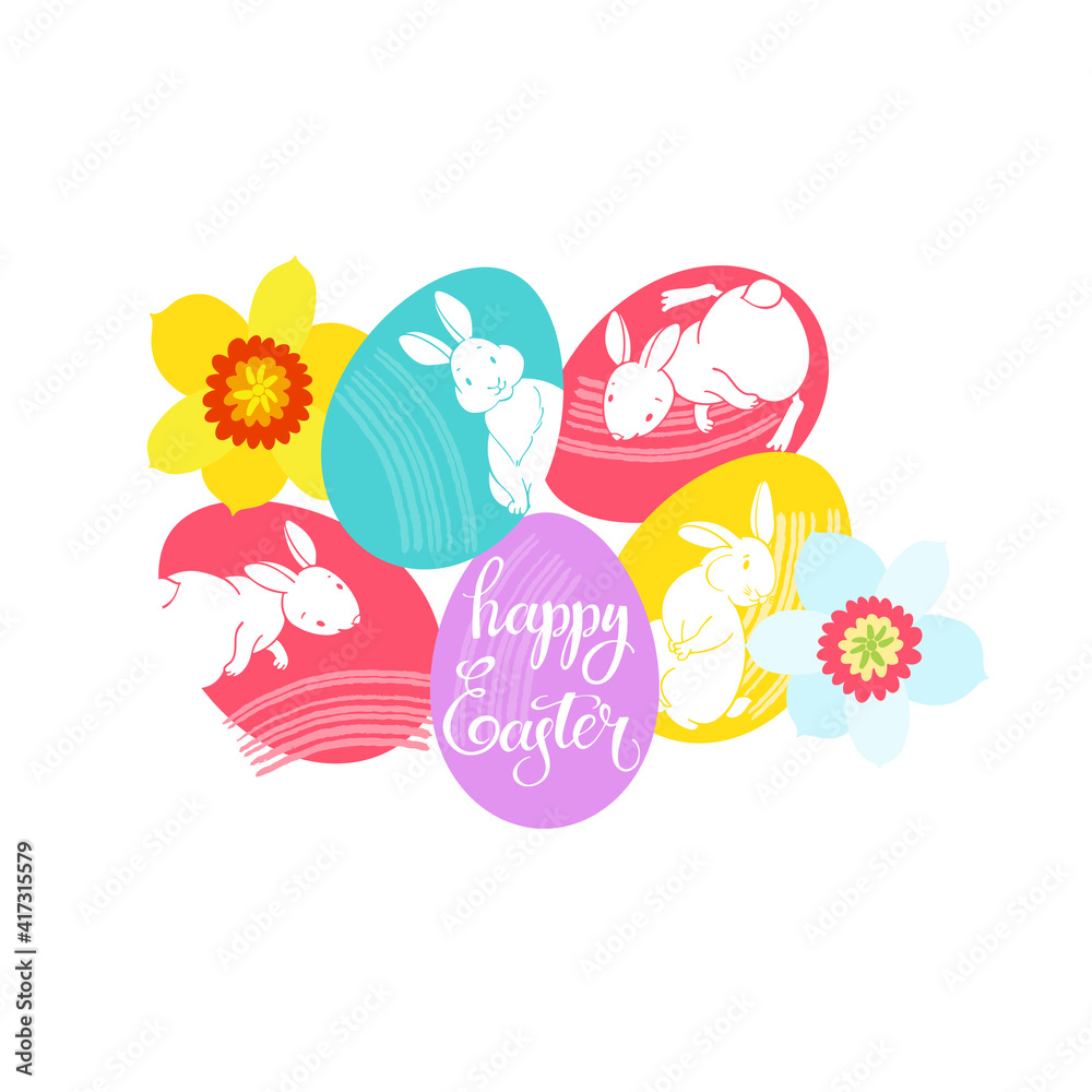 Easter clip art with colorful eggs, cute rabbits and daffodils. Vector illustration on white. Perfect as a greeting card, invitation, design element.