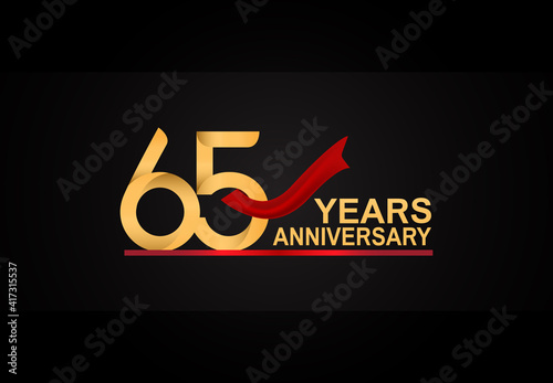 65 years anniversary design with red ribbon and golden color isolated on black background for celebration moment