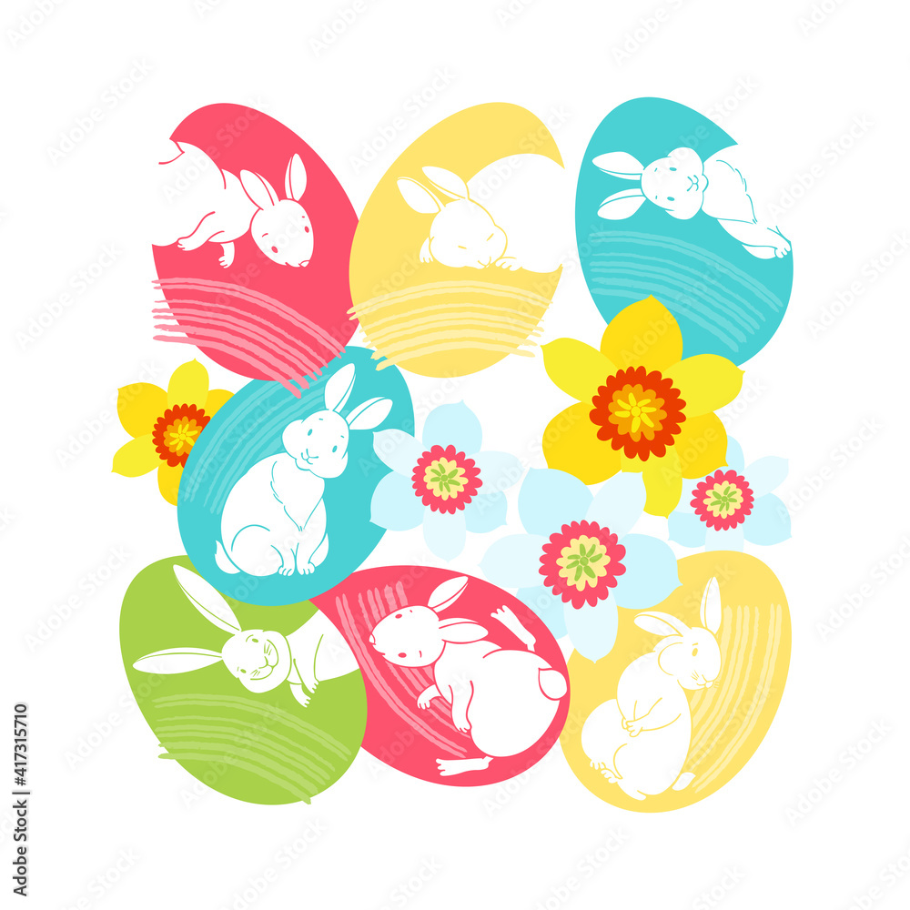 Easter clip art with colorful eggs, cute rabbits and daffodils. Vector illustration on white. Perfect as a greeting card, invitation, design element.