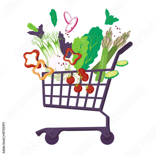 Shopping cart trolley full of healthy fresh vegetables, flat vector illustration isolated on white background. Supermarket shopping cart with vegetarian products.