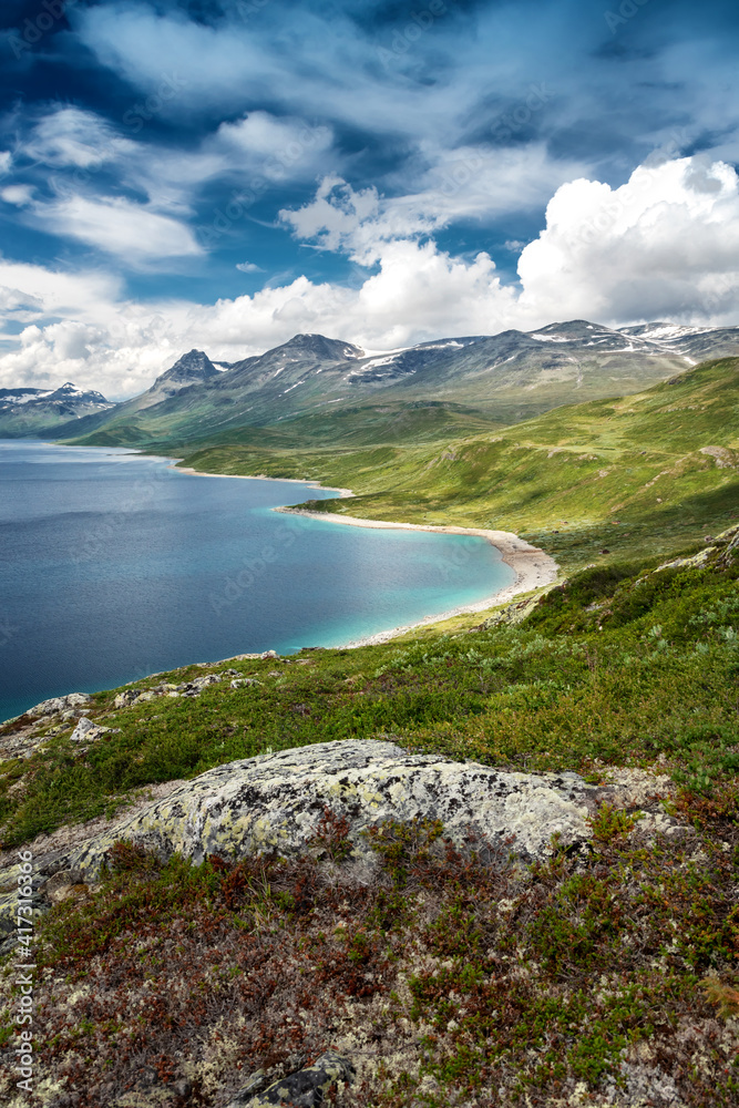 Hiking at Jotunheimen National Park, Norway Scandinavia, beautiful lake view