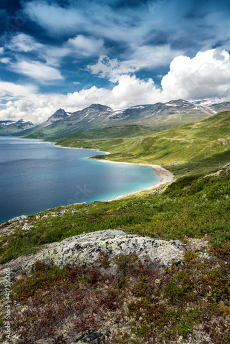 Hiking at Jotunheimen National Park  Norway Scandinavia  beautiful lake view