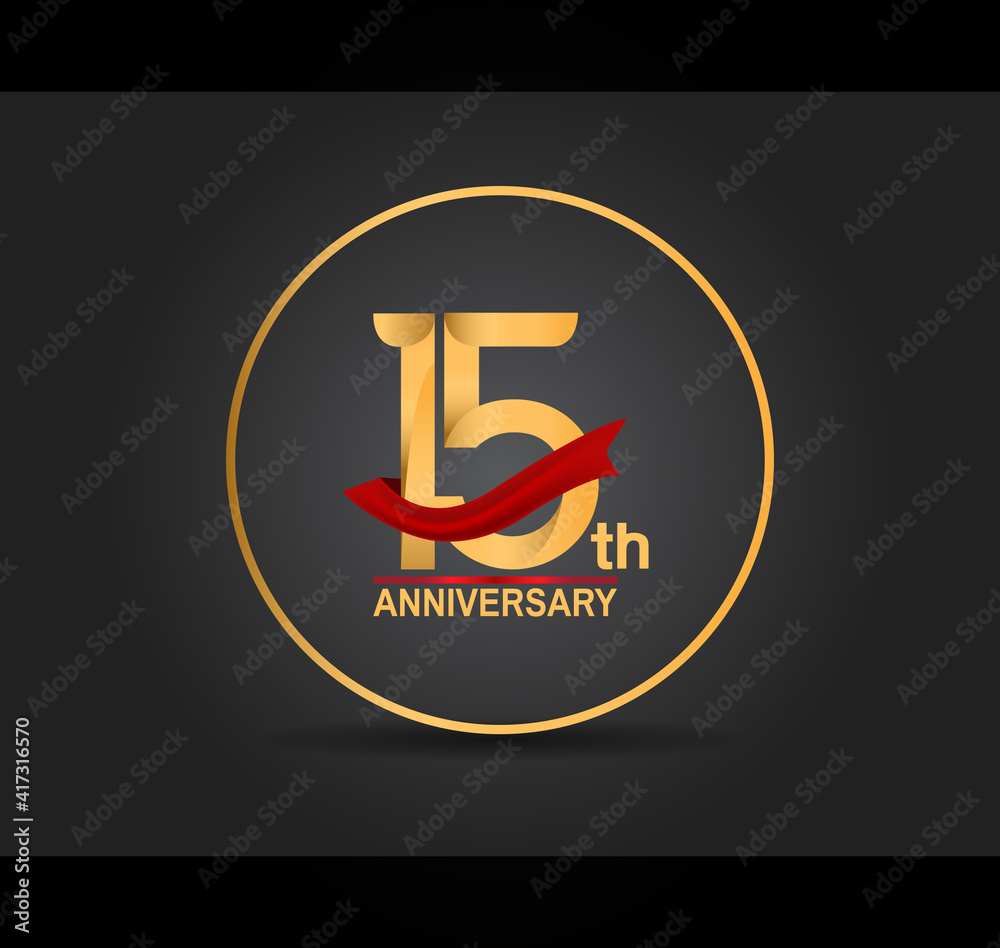 15 anniversary design golden color with ring and red ribbon isolated on black background for celebration moment 15 anniversary design golden color with ring and red ribbon isolated on black background for celebration moment