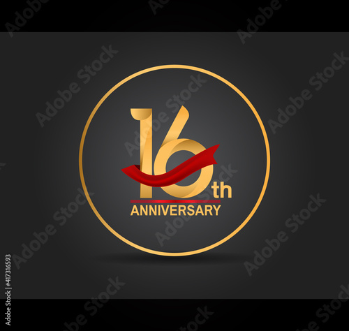 16 anniversary design golden color with ring and red ribbon isolated on black background for celebration moment