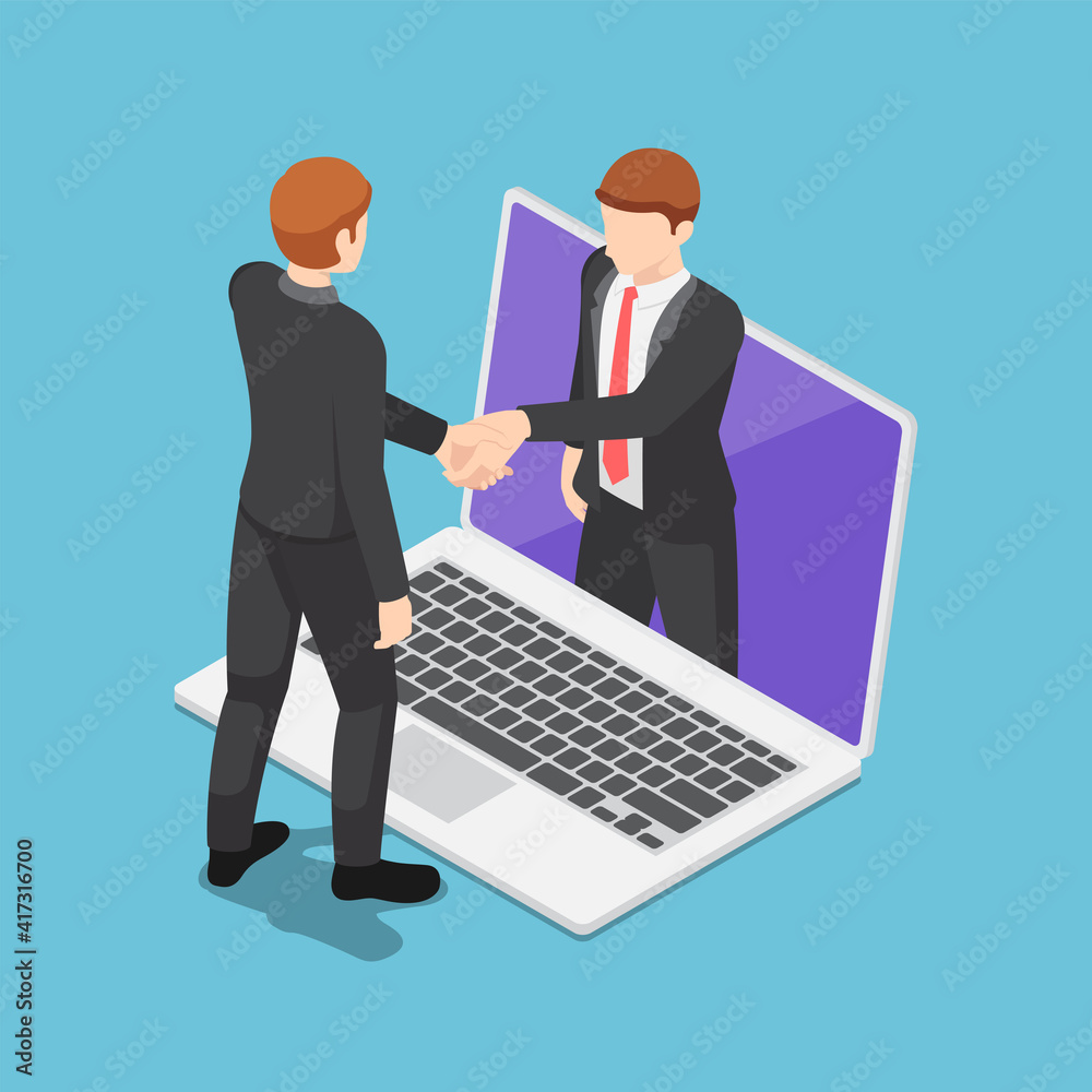 Isometric Businessmen Having Online Agreement and Shaking Hands Through Laptop Screen Isometric Businessmen Having Online Agreement and Shaking Hands Through Laptop Screen