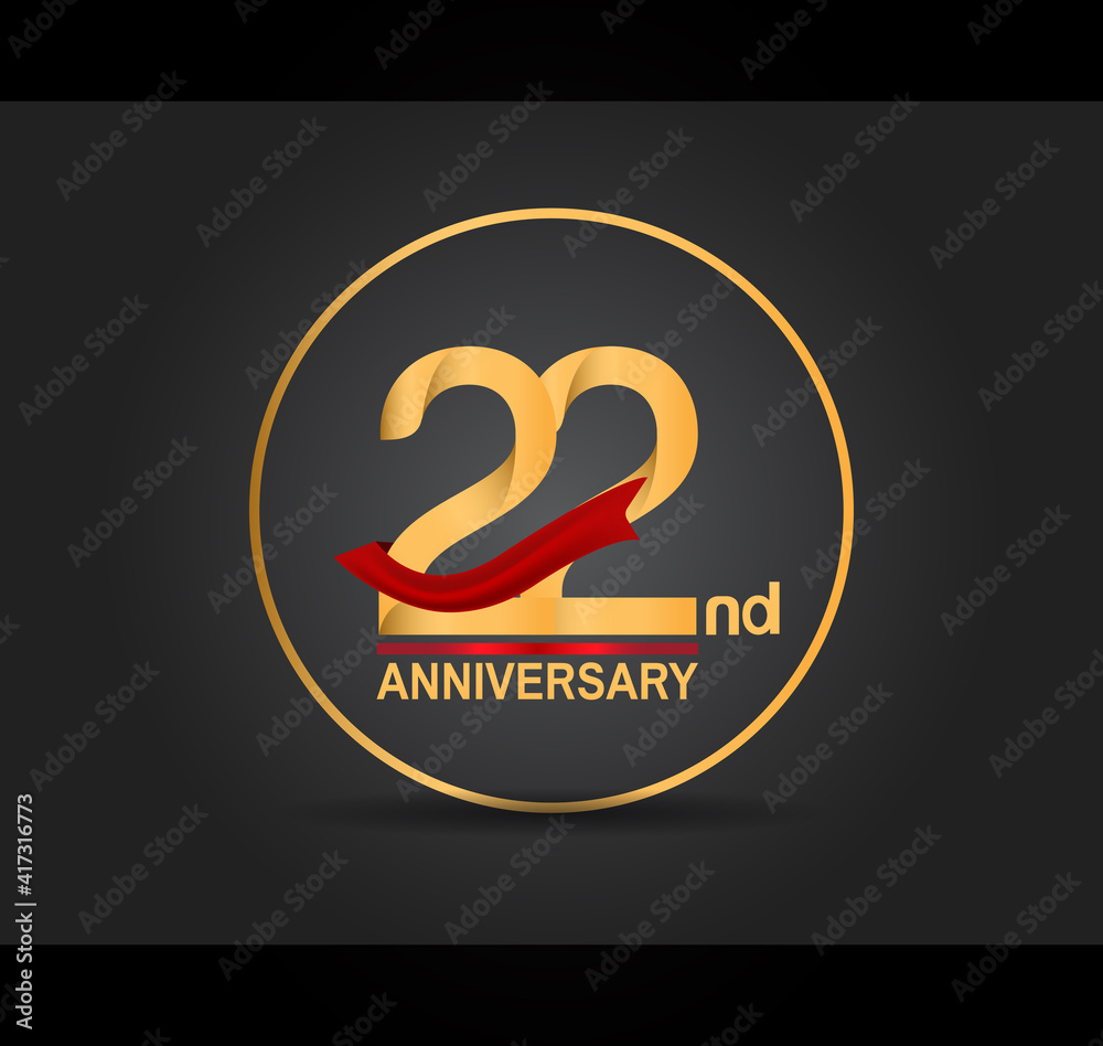 22 anniversary design golden color with ring and red ribbon isolated on black background for celebration moment