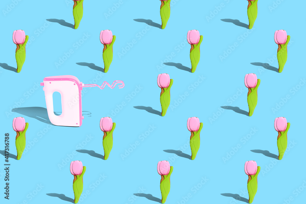 . Creative design card. Gingerbread in the form of a tulip on a blue bright background. The concept of celebrating Women's Day, Valentine's Day. Pattern. . Creative design card. Gingerbread in the form of a tulip on a blue bright background. The concept of celebrating Women's Day, Valentine's Day. Pattern.