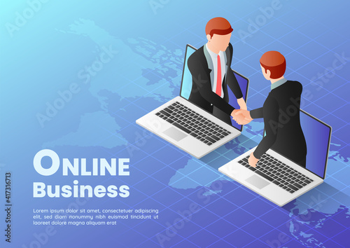 Isometric Web Banner Businessmen Having Online Agreement and Shaking Hands Through Laptop Screen