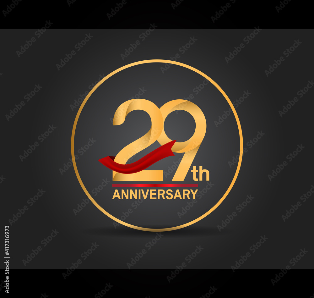 29 anniversary design golden color with ring and red ribbon isolated on black background for celebration moment 29 anniversary design golden color with ring and red ribbon isolated on black background for celebration moment