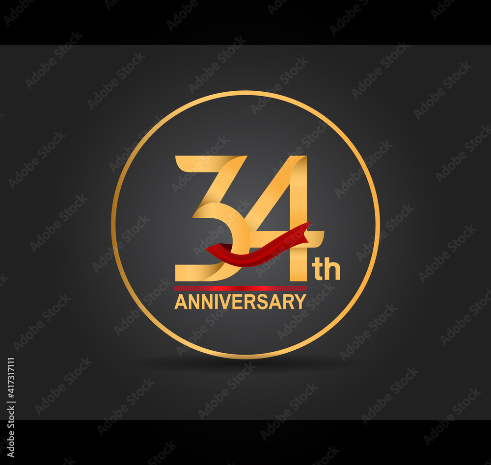 34 anniversary design golden color with ring and red ribbon isolated on black background for celebration moment 34 anniversary design golden color with ring and red ribbon isolated on black background for celebration moment