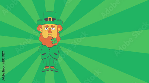 Patrick 's Day. Leprechaun with Clover on the Green Rays Background. Template for Banner, Poster or Flyer. Happy Saint Patrick 's Day Vector Illustration