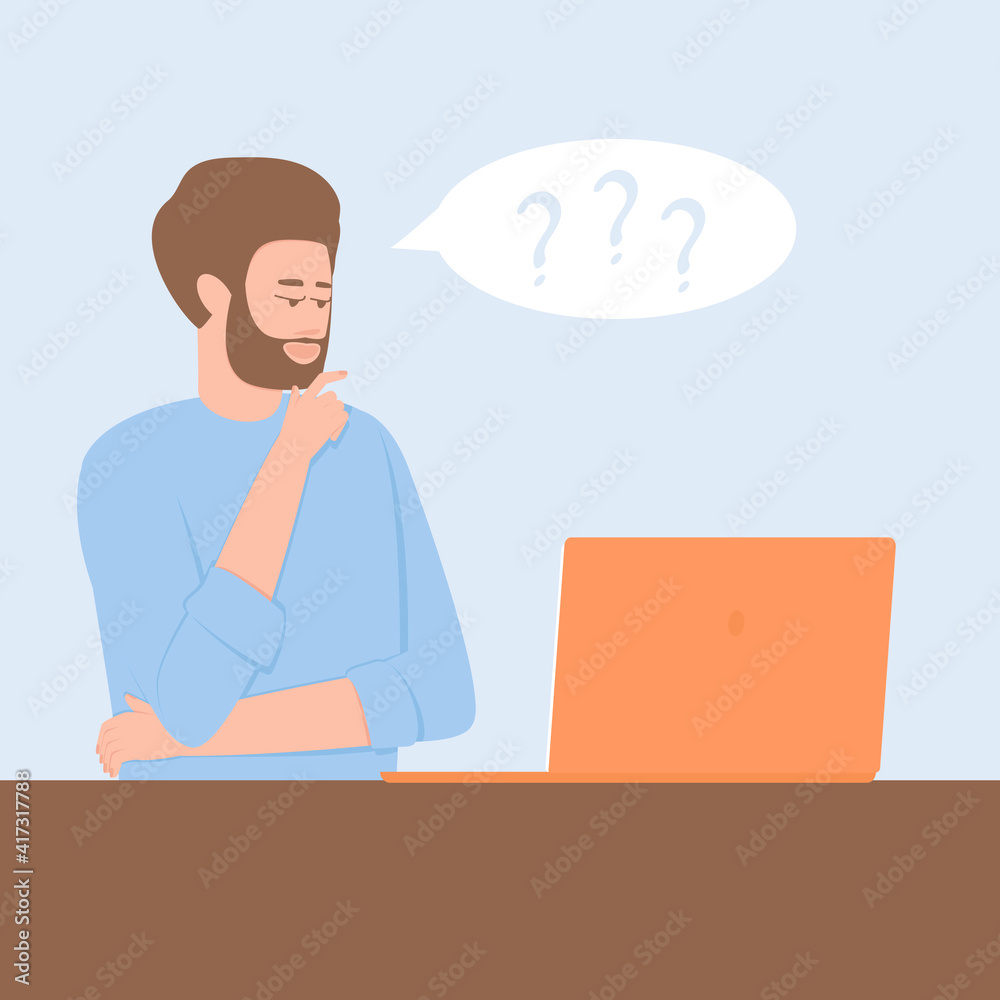 A man at a laptop in doubt about making a decision. Pensive concept. Determination of the correct direction for solving the problems of dilemmas of situations. Flat vector illustration.