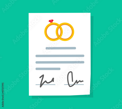 Marriage contract or prenuptial agreement legal document vector flat cartoon icon, prenup wedding certificate with signatures photo