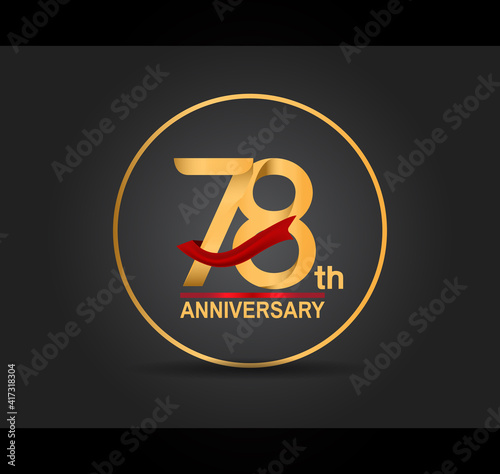 78 anniversary design golden color with ring and red ribbon isolated on black background for celebration moment