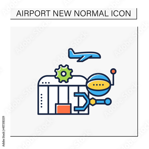 Airport robotization color icon. Security robot to patrol airport. Using robotics to make people work easier and ensure health care. Airport new normal concept. Isolated vector illustration
