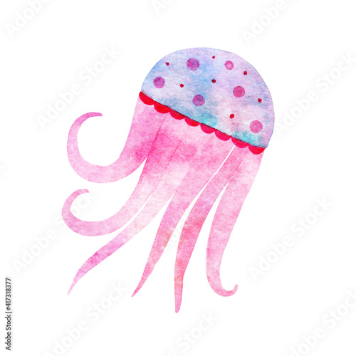 Multi-colored sea jellyfish. Watercolor drawing. The isolated object on a white background.