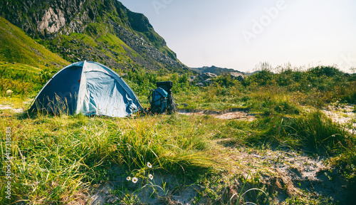 Wild camping with a tent in northern Europe traveling in Scandinavia, Norway, a beautiful landscape
