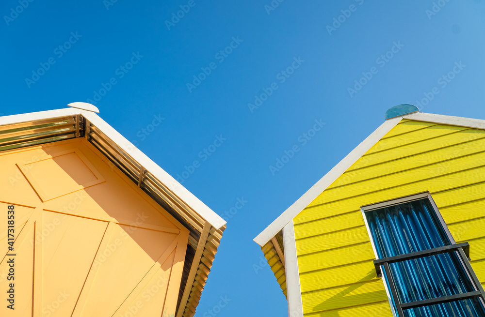 Building house attic terrace on the home roof. green house roofing under bluesky Building house attic terrace on the home roof. green house roofing under bluesky