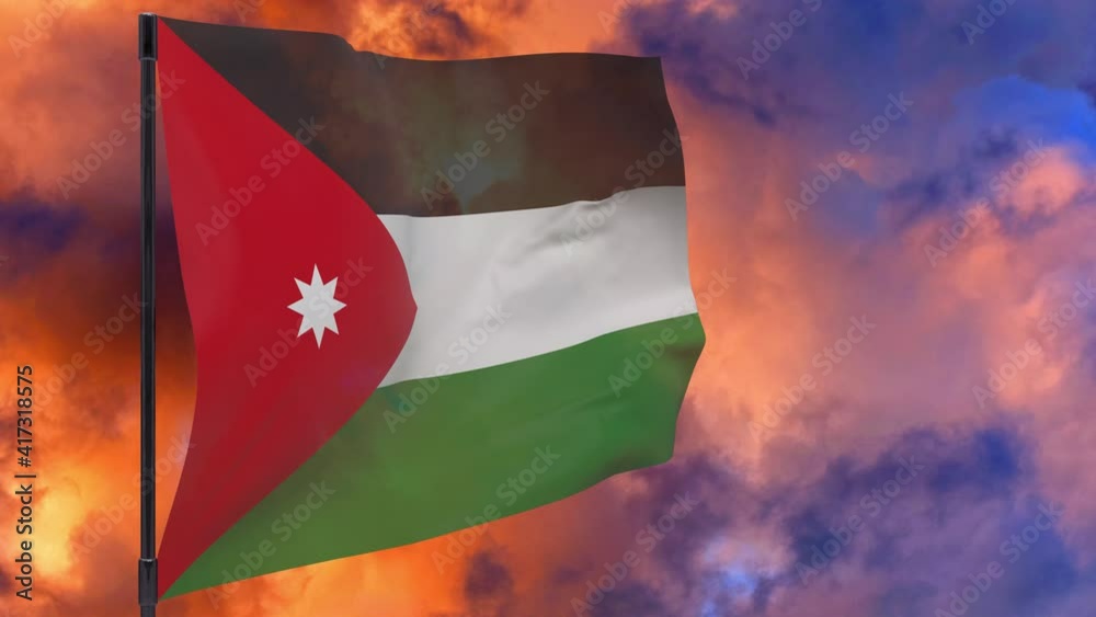 Jordan flag on pole with sky background seamless loop 3d animation