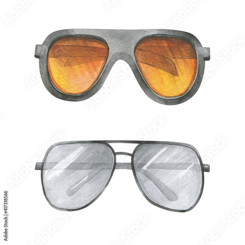 Sunglasses with yellow and white lenses in designer frames. Watercolor drawing. Isolated objects on a white background.