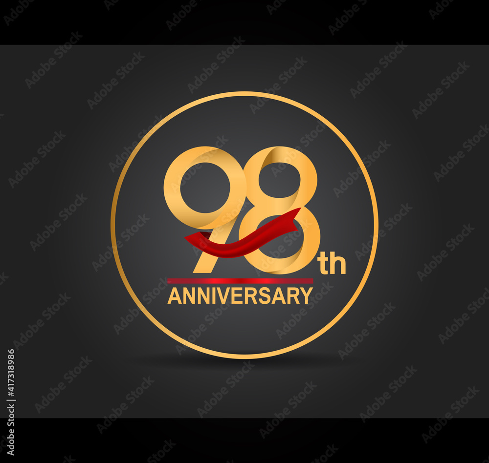 98 anniversary design golden color with ring and red ribbon isolated on black background for celebration moment 98 anniversary design golden color with ring and red ribbon isolated on black background for celebration moment