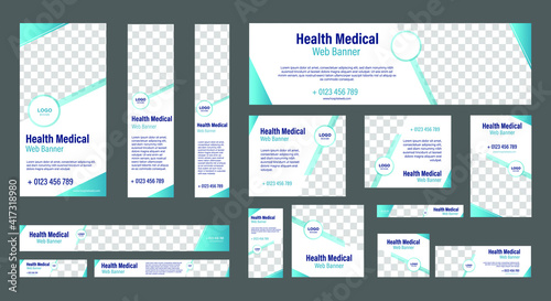 Set of Medical Health Banners of standard size with a place for photos. Vertical, horizontal and square template. vector illustration EPS 10
