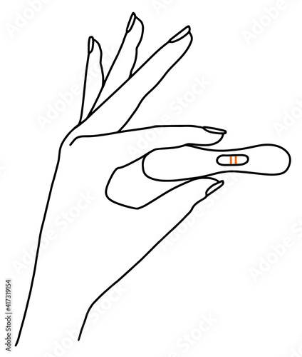Woman hand holding pregnancy test with two stripes Positive result. Black Line doodle style Vector illustration