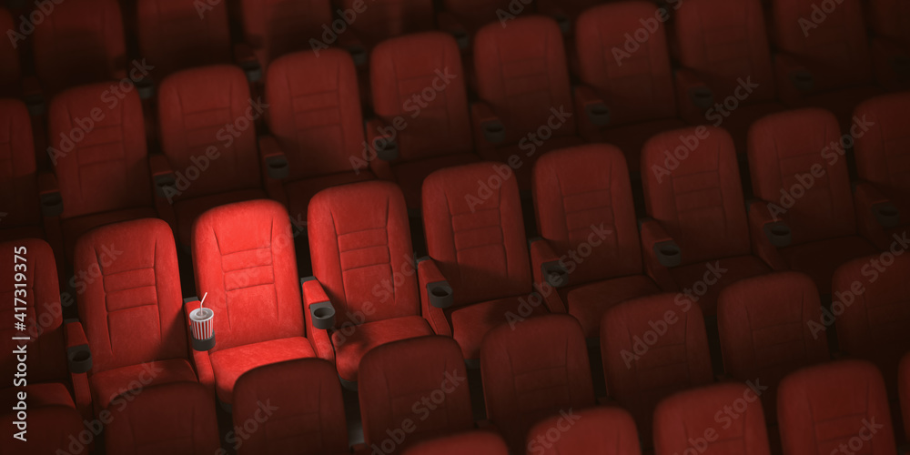 Obraz premium Cinema movie theater concept background. Red cinema seats and cola in empty theater.
