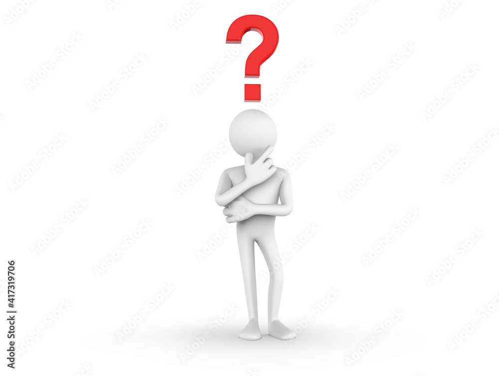 3D illustration of cartoon man in thinking pose - lost in thoughts - large question mark 3D illustration of cartoon man in thinking pose - lost in thoughts - large question mark