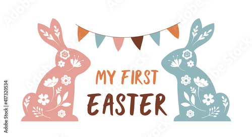 Boho Easter concept design, story template and banner set with two floral bunnies