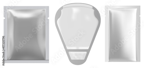 Napkin package. Face mask sachet mockup. Silver packet, wet wipe pack. Foil pouch design mock up, 3d vector. Small flex antibacterial nutrition packaging blank, retail? realistic sample