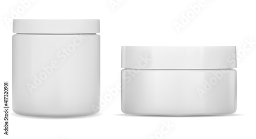 Cream jar. Cosmetic jar mockup, Round white bottle. Plastic creme container blank. Realistic clear body skin beauty cream, corporate branding identity simple can, vector mockup. 3d pot