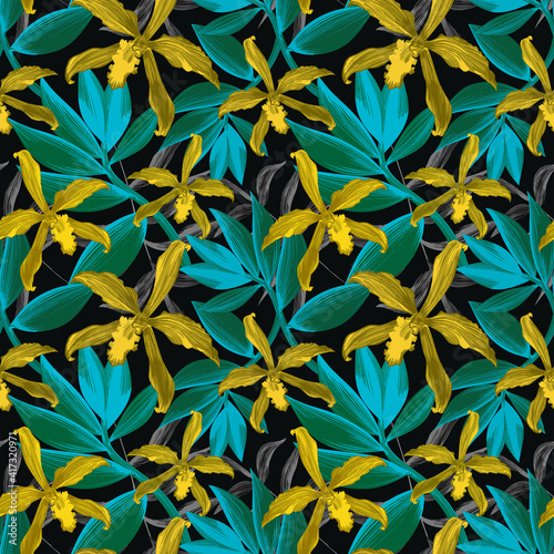 Seamless tropical flower  plant and leaf pattern background