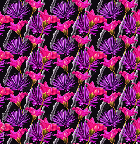 Seamless tropical flower  plant and leaf pattern background