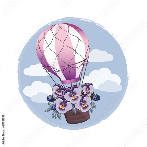 Aircraft are floating in the blue sky. Hot airy aerostat in the clouds. Colorful hot air balloons flying in the sky. Basket with violet flovers.  Vector image
