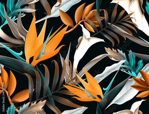 Canvas Print Seamless tropical flower, plant and leaf pattern background