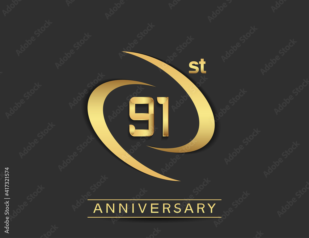 91 years anniversary logo style with swoosh ring golden color isolated on black background for celebration moment 91 years anniversary logo style with swoosh ring golden color isolated on black background for celebration moment