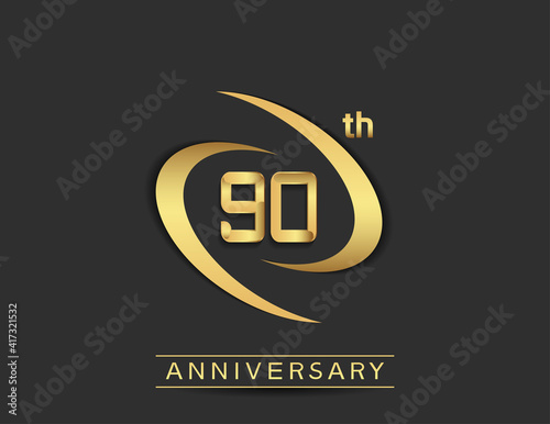 90 years anniversary logo style with swoosh ring golden color isolated on black background for celebration moment