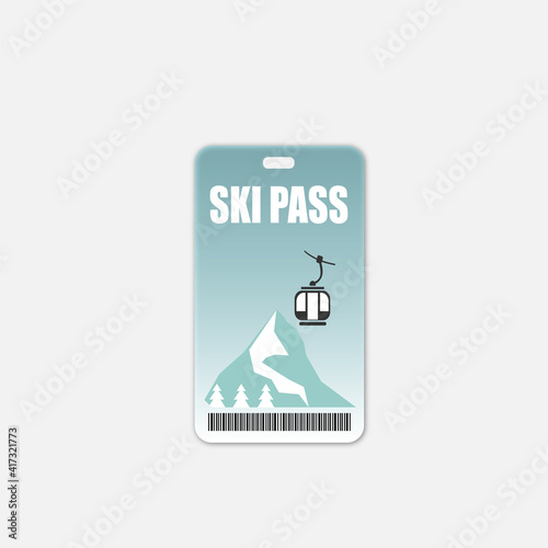 Ski pass icon. Winter sport concept, mountains and ski lift. Ski pass template with barcode. Vector illustration.