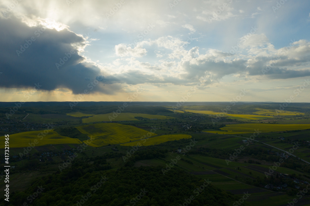 Fototapeta premium Splendid panoramic view of agriculture fields in countryside and the fantastic blue sky with clouds. Ukrainian landscapes. Yellow harvest fields and green forests. Green wheat fields. Drone shot.