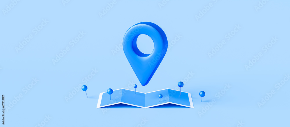 Fototapeta premium Locator mark of map and location pin or navigation icon sign on blue background with search concept. 3D rendering.