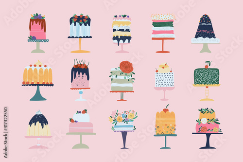 Flat set of cake birthday vector icons. Colorful delicious desserts, birthday cake with chocolate and vanilla cream, with berries and flowers. Cake birthday icon set.