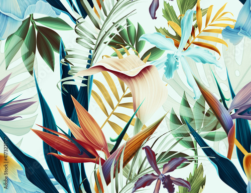 Photography Seamless tropical flower, plant and leaf pattern background