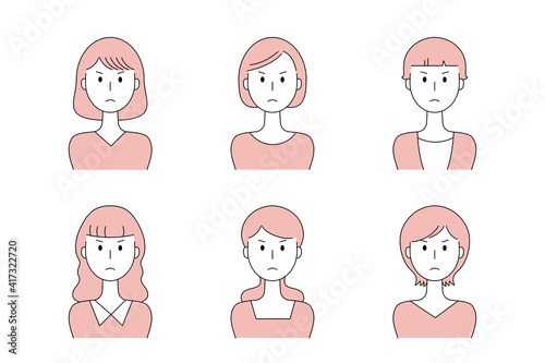 怒った表情の女性のベクターイラストセット