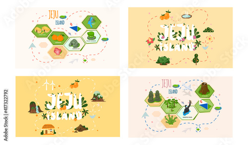 Traveling to south korea by landmarks icon banner set. Poster with tourist route excursion map. Jeju island card in cartoon style with main attractions. Green tropical island. Vacation in Asia