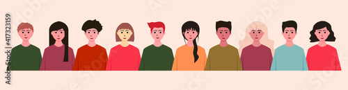 Group of people, young men and women with different skin color.