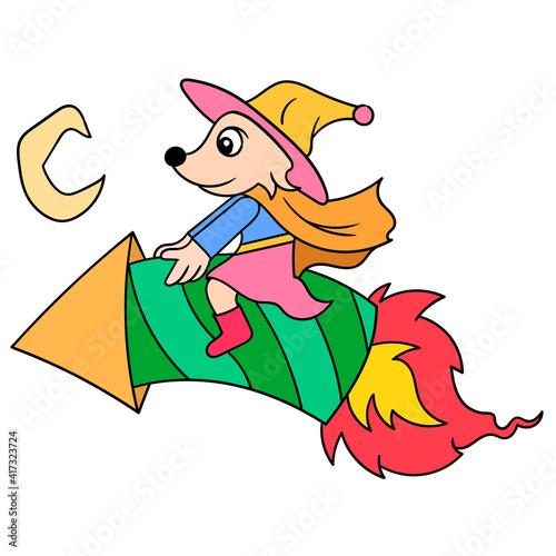 The cute fox witch flies in the sky riding a rocket at night, doodle icon image kawaii