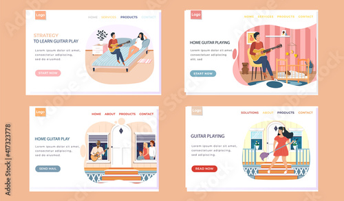 Set of illustrations about making music and performing. Website for learning to play guitar online. Guitarists with stringed instrument create melodies. Characters perform with acoustic guitar